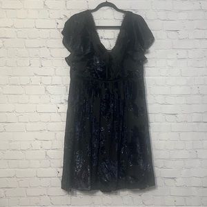 MARCHESA NOTTE Velvet Burnout Lace-Trim Flutter Sleeves Dress Sz 14 Holidays